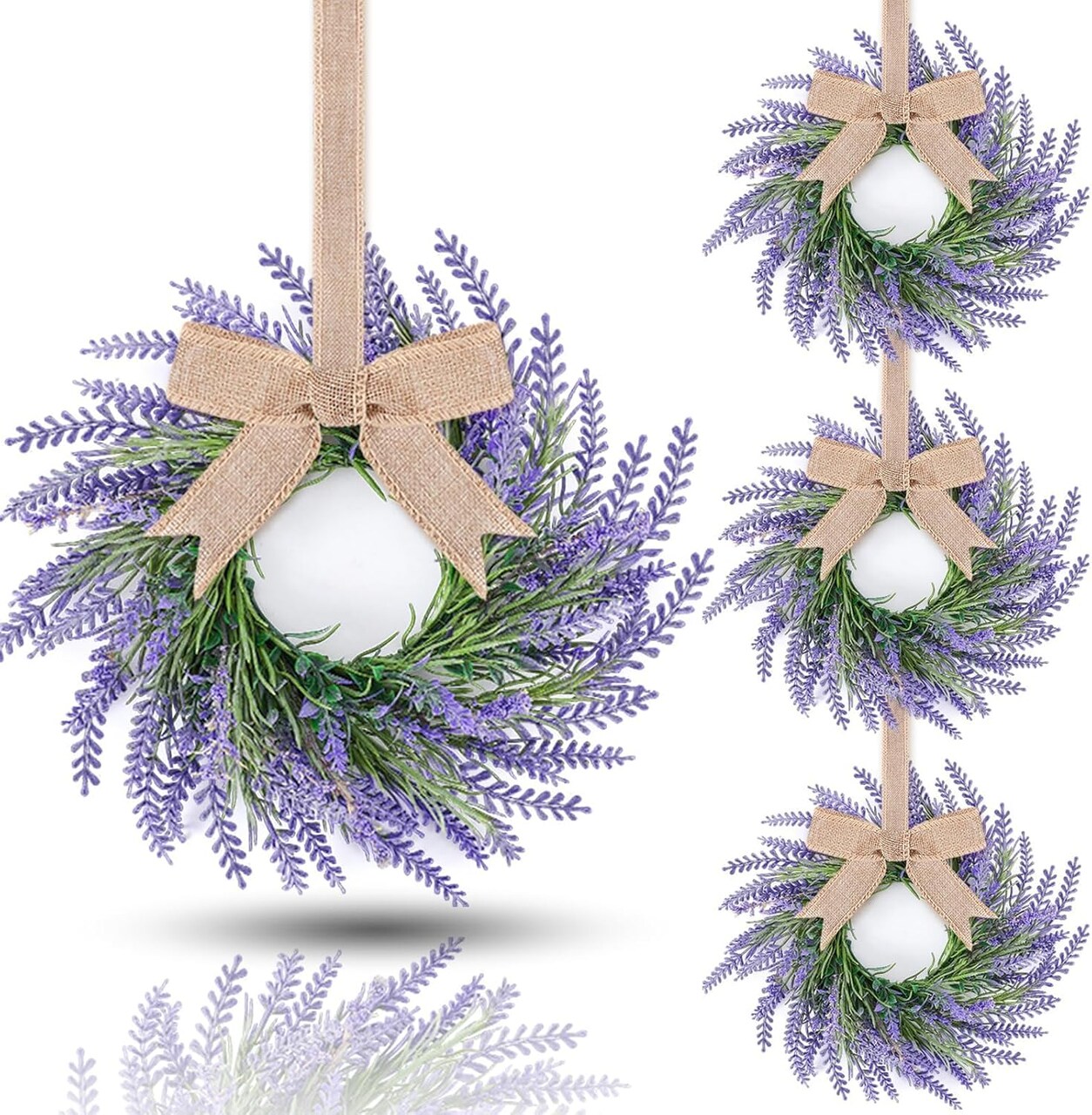 4 PCS Summer Wreath for Front Door Lavender Candle Ring Wreaths Mini Purple Table Centerpieces 9 Inch Floral Wreaths